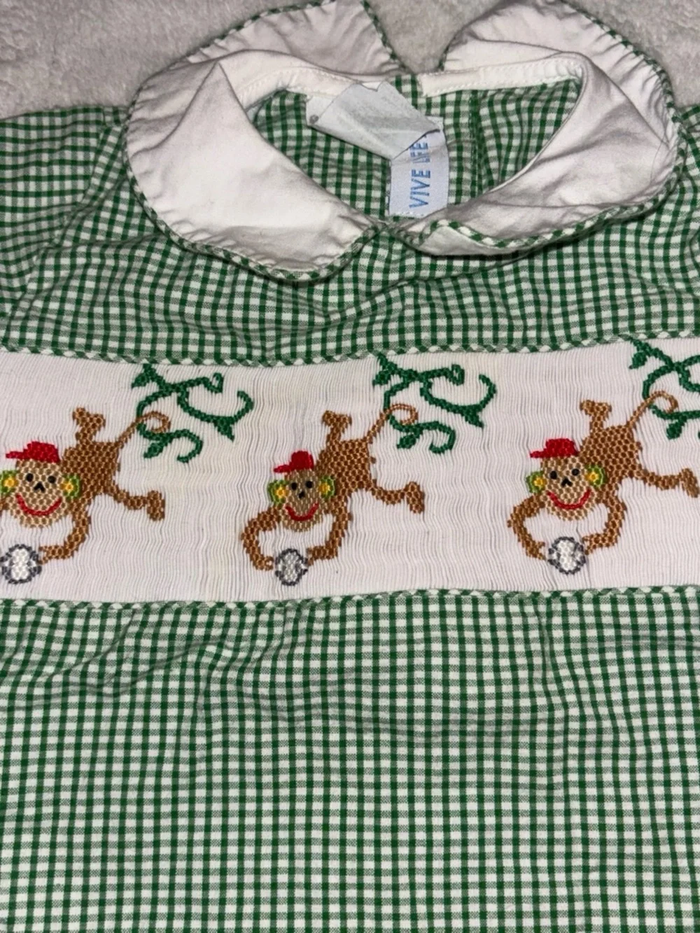 Green Gingham Smocked Baby One-Piece with Monkey Embroidery